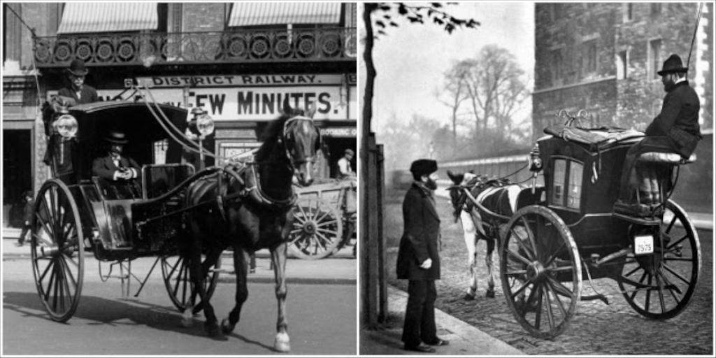 A Hansom cab is a type of horse-drawn carriage first designed and